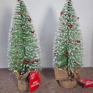 2 Holiday Style 11" Green Bottle Brush Trees With White Tips & Red Bead Garland